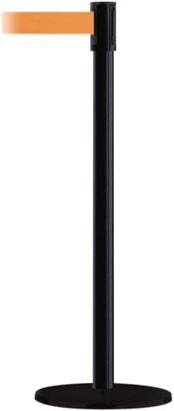 Tensator - 38" High, 2" Pole Diam, Barricade Tape Dispenser - 14" Base Diam, Round Plastic Base, Black Steel Post, 13' x 1-7/8" Tape, Single Line Tape, For Outdoor Use - Industrial Tool & Supply