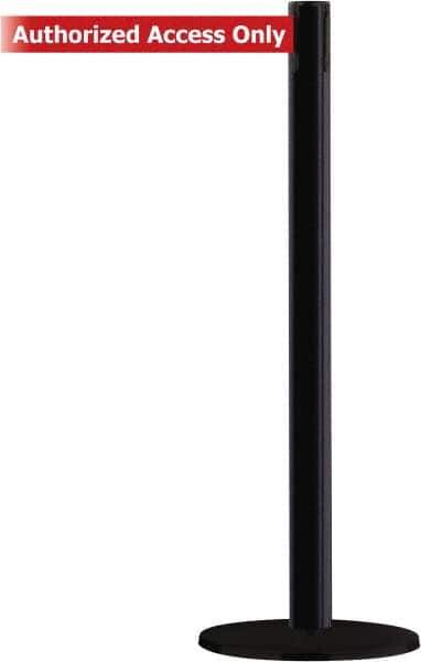 Tensator - 38" High, 2-1/2" Pole Diam, Barricade Tape Dispenser - 14" Base Diam, Round Stainless Steel Base, Black Steel Post, 13' x 1-7/8" Tape, Single Line Tape, For Outdoor Use - Industrial Tool & Supply