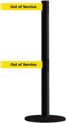 Tensator - 38" High, 2-1/2" Pole Diam, Barricade Tape Dispenser - 14" Base Diam, Round Plastic Base, Black Steel Post, 13' x 1-7/8" Tape, Dual Line Tape, For Outdoor Use - Industrial Tool & Supply
