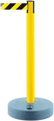 Tensator - 38" High, 2-1/2" Pole Diam, Barricade Tape Dispenser - 14" Base Diam, Round Plastic Base, Yellow Polymer Post, 7-1/2' x 1-7/8" Tape, Single Line Tape, For Outdoor Use - Industrial Tool & Supply