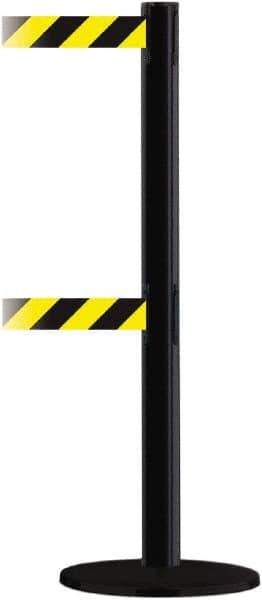 Tensator - 38" High, 2-1/2" Pole Diam, Barricade Tape Dispenser - 14" Base Diam, Round Plastic Base, Black Steel Post, 13' x 1-7/8" Tape, Dual Line Tape, For Outdoor Use - Industrial Tool & Supply
