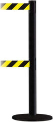 Tensator - 38" High, 2-1/2" Pole Diam, Barricade Tape Dispenser - 14" Base Diam, Round Plastic Base, Black Steel Post, 13' x 1-7/8" Tape, Dual Line Tape, For Outdoor Use - Industrial Tool & Supply