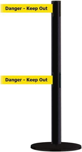Tensator - 38" High, 2-1/2" Pole Diam, Barricade Tape Dispenser - 14" Base Diam, Round Plastic Base, Black Steel Post, 7-1/2' x 1-7/8" Tape, Dual Line Tape, For Outdoor Use - Industrial Tool & Supply