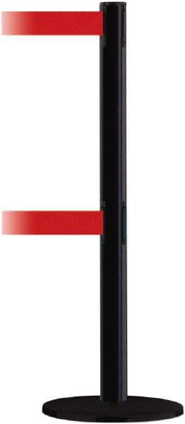 Tensator - 38" High, 2-1/2" Pole Diam, Barricade Tape Dispenser - 14" Base Diam, Round Plastic Base, Black Steel Post, 13' x 1-7/8" Tape, Dual Line Tape, For Outdoor Use - Industrial Tool & Supply