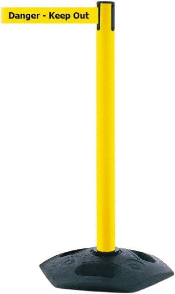 Tensator - 38" High, 2-1/2" Pole Diam, Barricade Tape Dispenser - 14" Base Diam, Round Rubber Base, Yellow Polymer Post, 7-1/2' x 1-7/8" Tape, Single Line Tape, For Outdoor Use - Industrial Tool & Supply