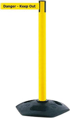 Tensator - 38" High, 2-1/2" Pole Diam, Barricade Tape Dispenser - 14" Base Diam, Round Rubber Base, Yellow Polymer Post, 7-1/2' x 1-7/8" Tape, Single Line Tape, For Outdoor Use - Industrial Tool & Supply