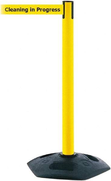 Tensator - 38" High, 2-1/2" Pole Diam, Barricade Tape Dispenser - 14" Base Diam, Round Rubber Base, Yellow Polymer Post, 7-1/2' x 1-7/8" Tape, Single Line Tape, For Outdoor Use - Industrial Tool & Supply