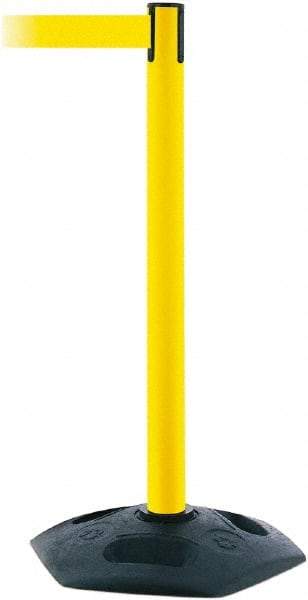 Tensator - 38" High, 2-1/2" Pole Diam, Barricade Tape Dispenser - 14" Base Diam, Round Rubber Base, Yellow Polymer Post, 7-1/2' x 1-7/8" Tape, Single Line Tape, For Outdoor Use - Industrial Tool & Supply
