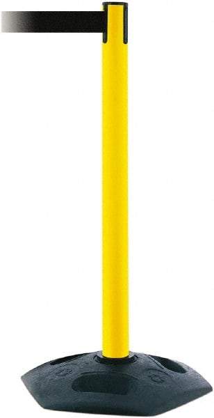 Tensator - 38" High, 2-1/2" Pole Diam, Barricade Tape Dispenser - 14" Base Diam, Round Rubber Base, Yellow Polymer Post, 7-1/2' x 1-7/8" Tape, Single Line Tape, For Outdoor Use - Industrial Tool & Supply