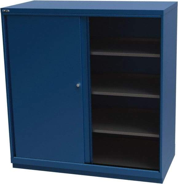 LISTA - 4 Shelf Sliding Door Storage Cabinet - Steel, 56-1/2" Wide x 28-1/2" Deep x 59-1/2" High, Blue - Industrial Tool & Supply