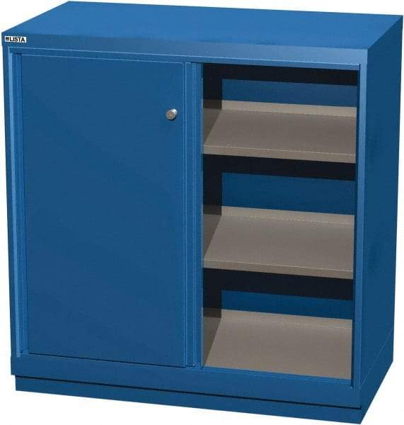 LISTA - 3 Shelf Sliding Door Storage Cabinet - Steel, 40-1/4" Wide x 22-1/2" Deep x 41-3/4" High, Blue - Industrial Tool & Supply