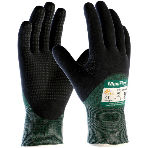 ‎34-8453/M Gloves for Cut Protection - MaxiFlex Cut - Green Eng Yarn - Black 3/4 MicroFoam Nitrile Dot Grip - A2 - Exact Industrial Supply