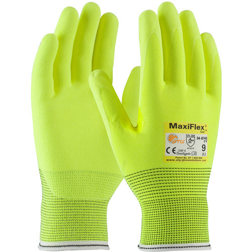 ‎34-8743FY/S Cut Resistant Gloves - MaxiFlex Cut - HiVis Yellow Eng Yarn Shell & Nitrile MicroFoam Grip - A2 - Exact Industrial Supply