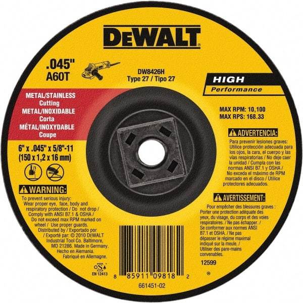 DeWALT - 60 Grit, 6" Wheel Diam, Type 27 Depressed Center Wheel - Aluminum Oxide, Resinoid Bond, 10,100 Max RPM - Industrial Tool & Supply
