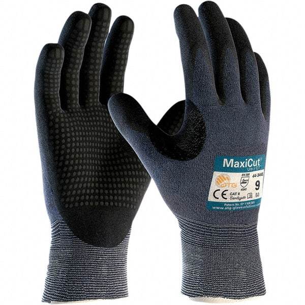 ATG - Size M, ANSI Cut Lvl A3, Puncture Lvl 2, Abrasion Lvl 4, Nitrile Coated Engineered Yarn Cut Resistant Gloves - Palm & Fingers Coated, Knit Wrist, Blue, Paired - Industrial Tool & Supply