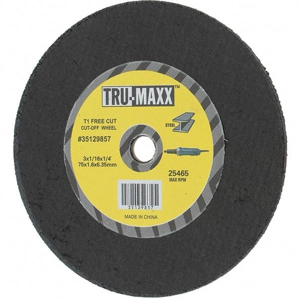 Tru-Maxx - 3" 36 Grit Aluminum Oxide Cutoff Wheel - 1/16" Thick, 1/4" Arbor, Use with Die Grinders - Industrial Tool & Supply
