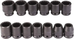 Proto - 13 Piece 3/4" Drive Black Finish Impact Socket Set - 12 Points, 3/4" to 1-1/2" Range, Inch Measurement Standard - Industrial Tool & Supply