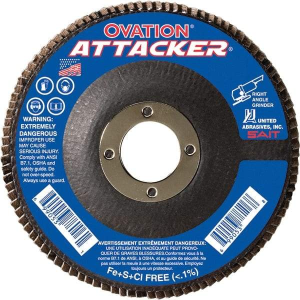Sait - 80 Grit, 5" Disc Diam, 7/8" Center Hole, Type 27 Zirconia Alumina Flap Disc - 12,200 Max RPM, Fiberglass Backing, Arbor Attaching System, Coated - Industrial Tool & Supply