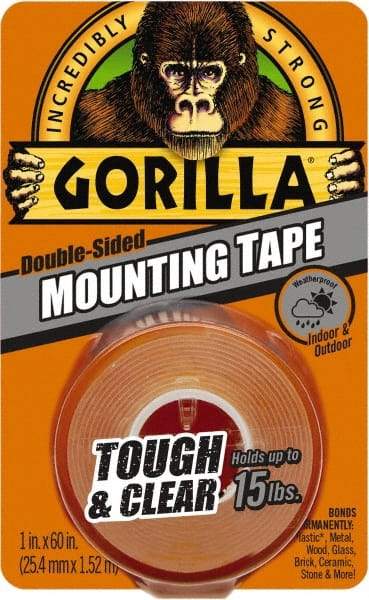 Gorilla Tape - 1" x 60" Acrylic Adhesive Double Sided Tape - 43 mil Thick, Clear, Polyethylene Film Liner, Continuous Roll - Industrial Tool & Supply