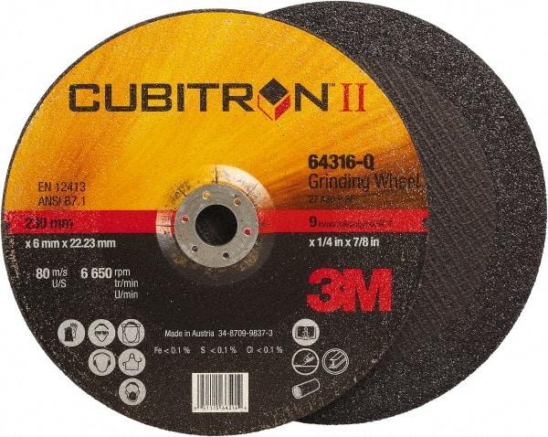 3M - 36 Grit, 9" Wheel Diam, 1/4" Wheel Thickness, 7/8" Arbor Hole, Type 27 Depressed Center Wheel - Coarse Grade, Ceramic, Resinoid Bond, Q Hardness, 6,650 Max RPM, Compatible with Angle Grinder - Industrial Tool & Supply