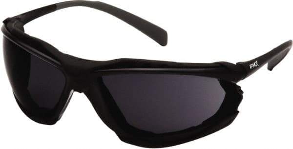 PYRAMEX - Gray Lenses, Framed Safety Glasses - Anti-Fog, Scratch Resistant, Black Polycarbonate/Thermoplastic Rubber Frame, Size Universal, Wrap Around - Industrial Tool & Supply