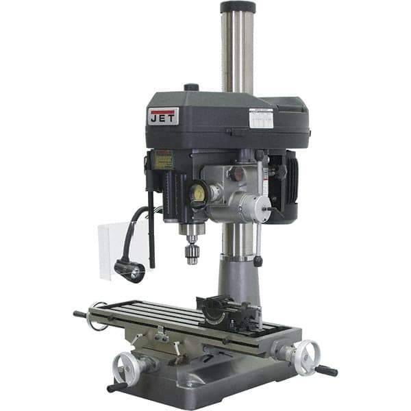 Jet - 1 Phase, 15-7/8" Swing, Step Pulley Mill Drill Combination - 31-3/4" Table Length x 9-1/2" Table Width, 20-1/2" Longitudinal Travel, 2 hp, 230 Volts - Industrial Tool & Supply