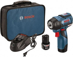 Bosch - 3/8" Drive 12 Volt Pistol Grip Cordless Impact Wrench & Ratchet - 1,200/2,600 RPM, 0 to 3,100 BPM, 85 Ft/Lb Torque, 2 Lithium-Ion Batteries Included - Industrial Tool & Supply