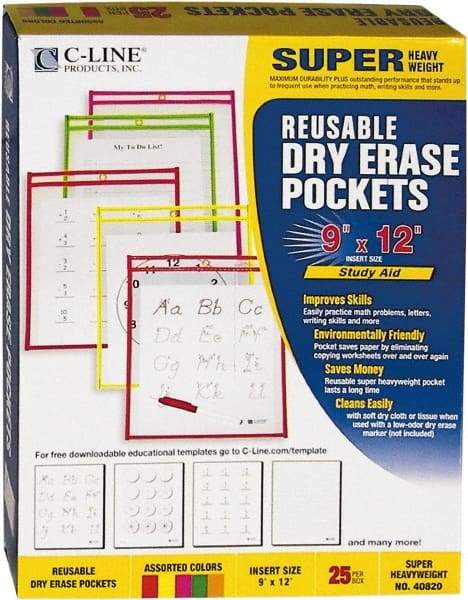 C-LINE - 25 Piece Assorted Colors Neon Colors Storage Pockets - 12" High x 9" Wide - Industrial Tool & Supply