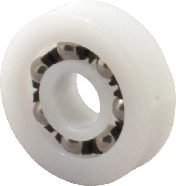 Made in USA - 1/4" Bore Diam, 3/4" OD, Open Plastic Race Radial Ball Bearing - 7/32" Wide, 1 Row, Round Bore, 17 Lb Static Capacity, 26 Lb Dynamic Capacity - Industrial Tool & Supply