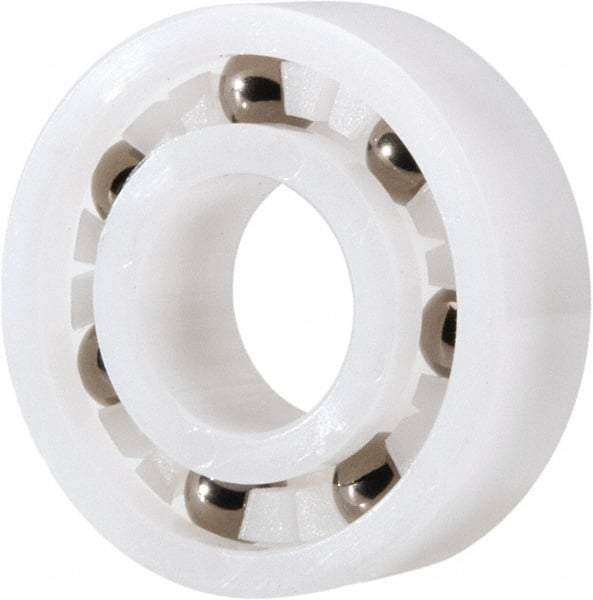 Made in USA - 3/8" Bore Diam, 7/8" OD, Open Plastic Race Radial Ball Bearing - 9/32" Wide, 1 Row, Round Bore, 33 Lb Static Capacity, 42 Lb Dynamic Capacity - Industrial Tool & Supply