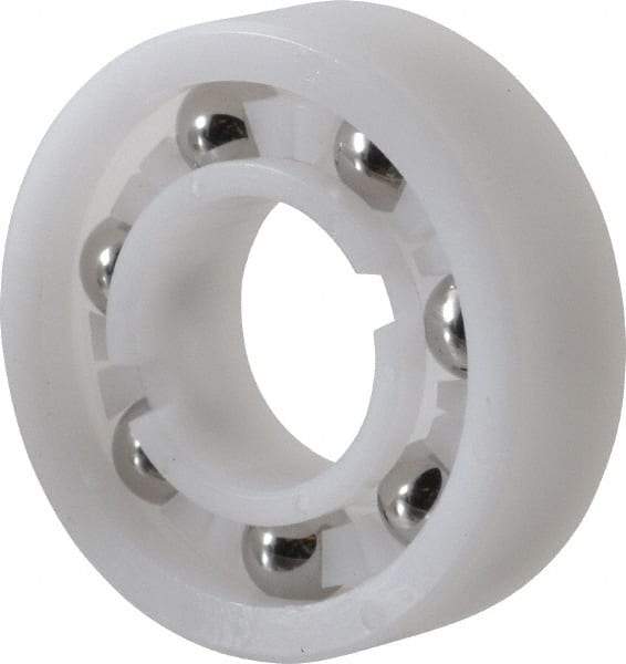 Made in USA - 5/8" Bore Diam, 1-3/8" OD, Open Plastic Race Radial Ball Bearing - 7/16" Wide, 1 Row, Round Bore, 46 Lb Static Capacity, 69 Lb Dynamic Capacity - Industrial Tool & Supply