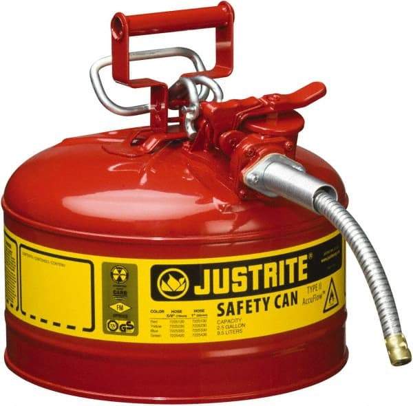 Justrite - 2 Gal Galvanized Steel Type II Safety Can - 13-1/4" High x 9-1/2" Diam, Red with Yellow - Industrial Tool & Supply