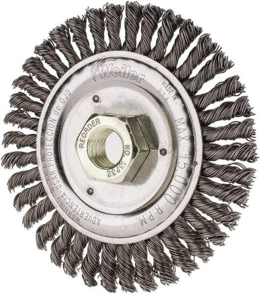 Weiler - 4-1/2" OD, 5/8" Arbor Hole, Knotted Steel Wheel Brush - 3/16" Face Width, 7/8" Trim Length, 0.02" Filament Diam, 12,500 RPM - Industrial Tool & Supply