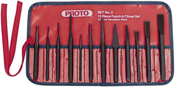 Proto - 12 Piece Punch & Chisel Set - 3/16 to 1/2" Chisel, 3/32 to 3/8" Punch, Hex Shank - Industrial Tool & Supply