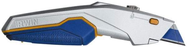 Irwin - Retractable Utility Knife - 5-3/4" Blade, Blue, Yellow & Silver ProTouch Handle, 10 Blades Included - Industrial Tool & Supply