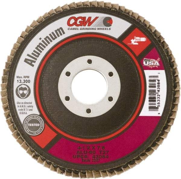 Camel Grinding Wheels - 60 Grit, 5" Disc Diam, 5/8-11 Center Hole, Type 29 Aluminum Oxide Flap Disc - 12,200 Max RPM, Polyester Backing, Arbor Attaching System, Coated - Industrial Tool & Supply