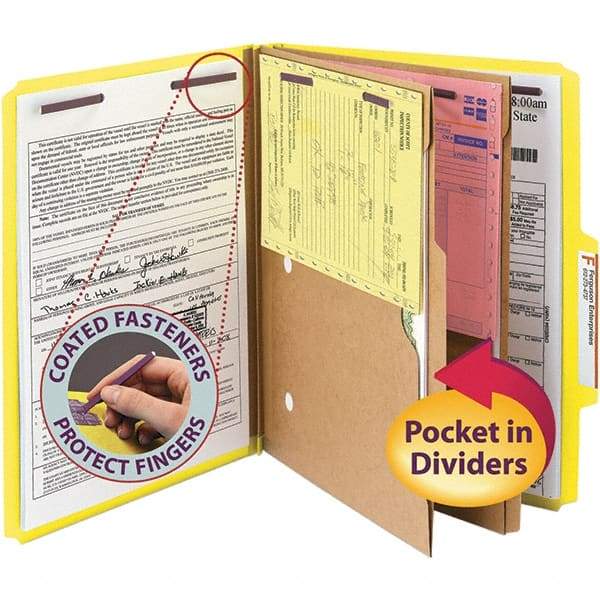 SMEAD - 11-5/8 x 9-1/2", Letter Size, Yellow, Classification Folders with Top Tab Fastener - 23 Point Stock, Right of Center Tab Cut Location - Industrial Tool & Supply