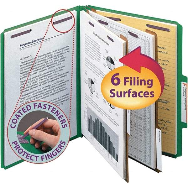 SMEAD - 11-5/8 x 9-1/2", Letter Size, Green, Classification Folders with Top Tab Fastener - 23 Point Stock, Right of Center Tab Cut Location - Industrial Tool & Supply