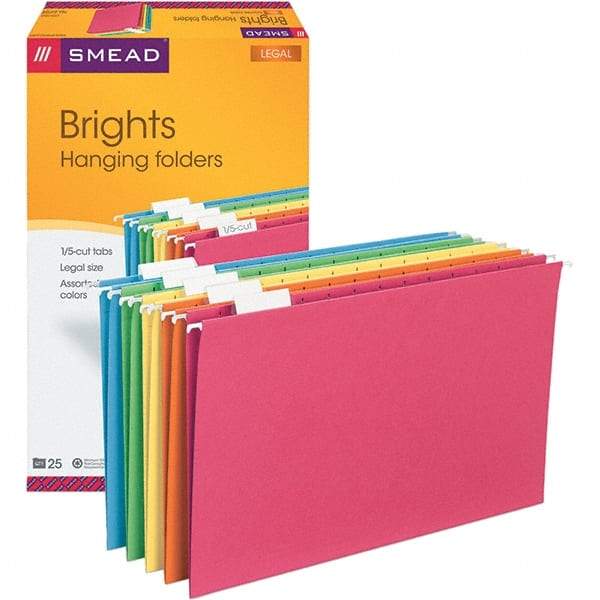 SMEAD - 14-5/8 x 9-1/2", Legal, Assorted Colors, Hanging File Folder - 11 Point Stock, 1/5 Tab Cut Location - Industrial Tool & Supply
