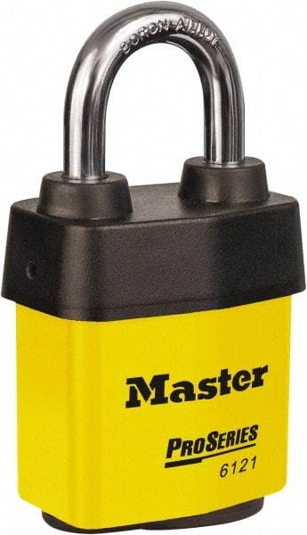 Master Lock - 1-1/8" Shackle Clearance, Keyed Different Padlock - 5/16" Shackle Diam, Laminated Steel - Industrial Tool & Supply