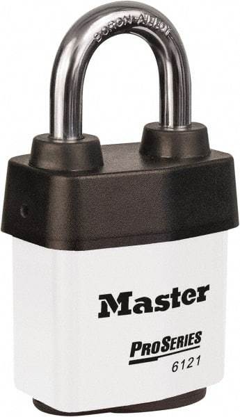 Master Lock - 1-1/8" Shackle Clearance, Keyed Different Padlock - 5/16" Shackle Diam, Laminated Steel - Industrial Tool & Supply