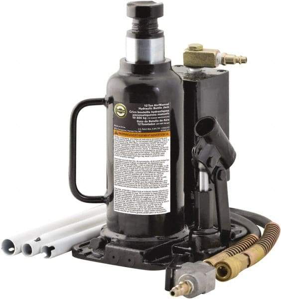 Omega Lift Equipment - 12 Ton Capacity Hydraulic Bottle Jack - 9-1/2" to 18-1/2" High, 9" Piston Stroke, 6-1/4" Long x 7-7/8" Wide Base - Industrial Tool & Supply