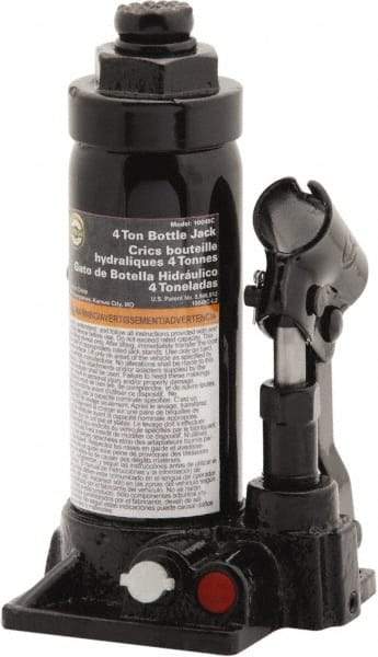 Omega Lift Equipment - 4 Ton Capacity Hydraulic Bottle Jack - 8-1/8" to 15-1/2" High, 7-3/8" Piston Stroke, 2" Screw Length, 3-7/8" Long x 4-1/4" Wide Base - Industrial Tool & Supply