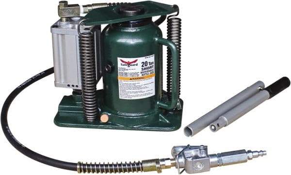 Safeguard - 20 Ton Capacity Air-Actuated Bottle Jack - 8-1/4" to 15-1/2" High, 4.92" Piston Stroke, 3-1/4" Screw Length, 1.42" Screw Diam, 2.2" Plunger Diam, 7" Long x 9-1/2" Wide Base - Industrial Tool & Supply