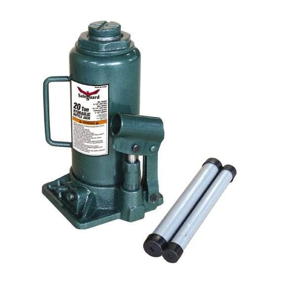 Safeguard - 20 Ton Capacity Hydraulic Bottle Jack - 9-1/2" to 17-3/4" High, 5.91" Piston Stroke, 1-7/8" Screw Length, 1.42" Screw Diam, 2.09" Plunger Diam, 5-15/16" Long x 6-1/4" Wide Base - Industrial Tool & Supply