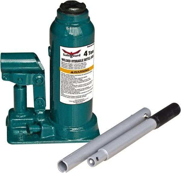 Safeguard - 2 Ton Capacity Hydraulic Bottle Jack - 7-1/2" to 14-3/8" High, 4.53" Piston Stroke, 2-3/8" Screw Length, 0.55" Screw Diam, 0.79" Plunger Diam, 2-1/2" Long x 4-15/16" Wide Base - Industrial Tool & Supply