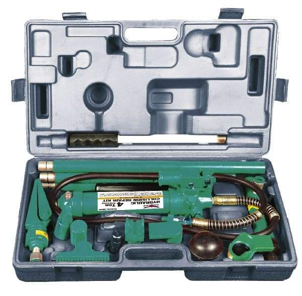Safeguard - 18 Piece Automotive Collision Repair Kit - Extention Tubes, Base, Wedge Head, V-Base, Adapters, Serrated Saddle, Rubber Head, Pump, 1/2 Ton Spreader, Ram, Hose - Industrial Tool & Supply