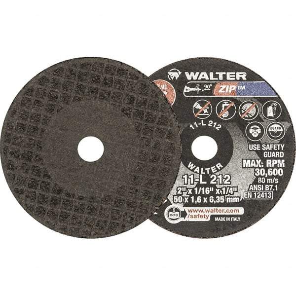 WALTER Surface Technologies - 2" 24 Grit Aluminum Oxide Cutoff Wheel - 1/16" Thick, 1/4" Arbor, 30,600 Max RPM, Use with Die Grinders - Industrial Tool & Supply