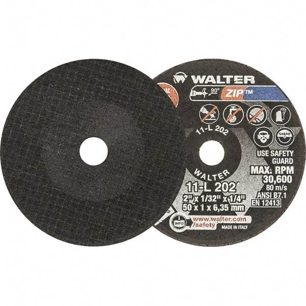 WALTER Surface Technologies - 2" 24 Grit Aluminum Oxide Cutoff Wheel - 1/32" Thick, 1/4" Arbor, 30,600 Max RPM, Use with Die Grinders - Industrial Tool & Supply