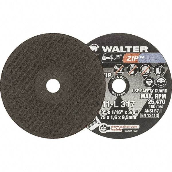 WALTER Surface Technologies - 3" 60 Grit Aluminum Oxide Cutoff Wheel - 1/16" Thick, 3/8" Arbor, 25,470 Max RPM, Use with Die Grinders - Industrial Tool & Supply